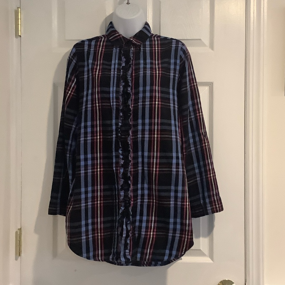 BETSEY JOHNSON Blue/Pink Flannel Ruffled Warm Cozy Nightgown Sleep Shirt S